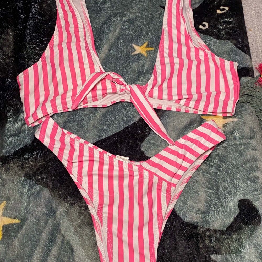 Pink and White Striped Bikini Set